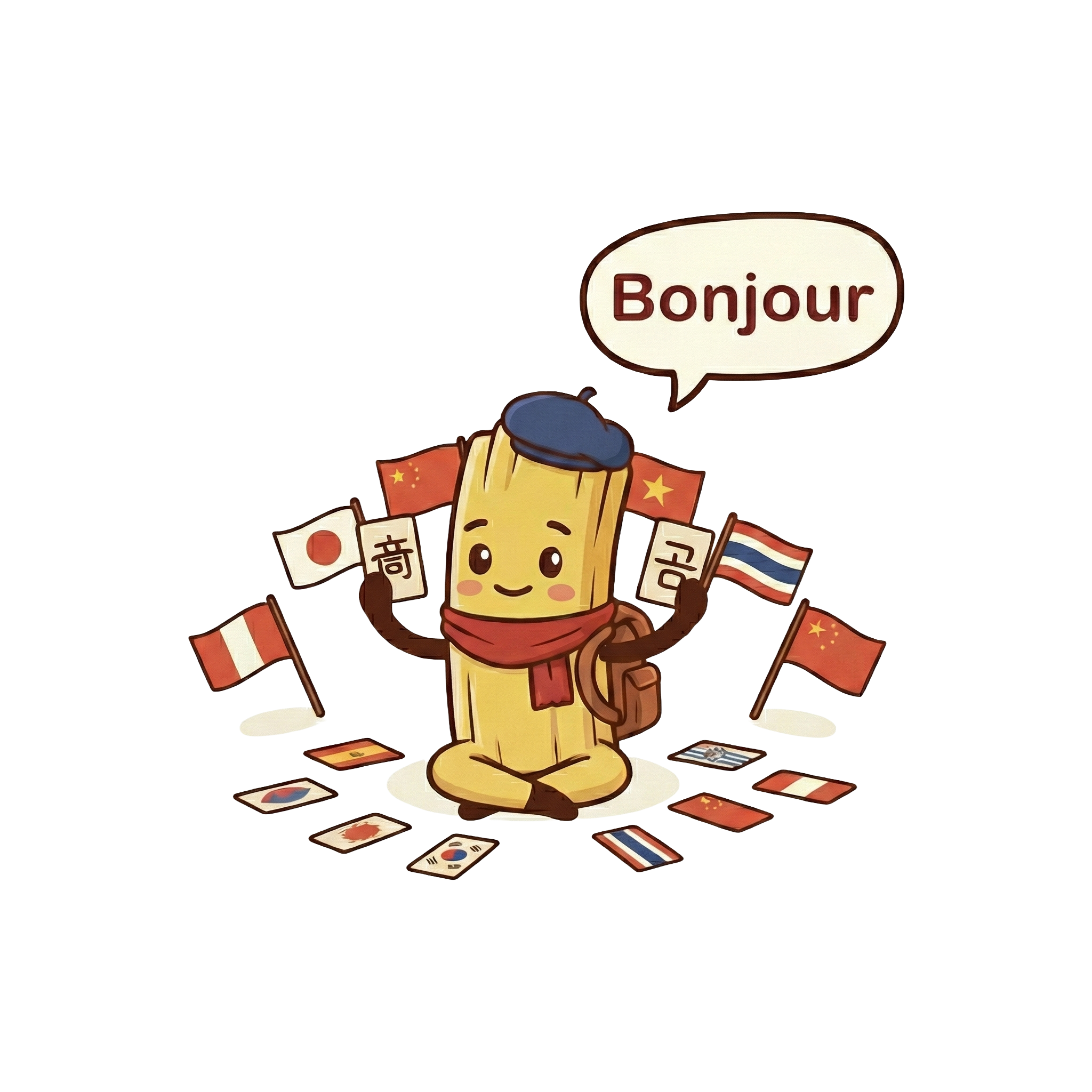 Linguini the mascot with flashcards and flags